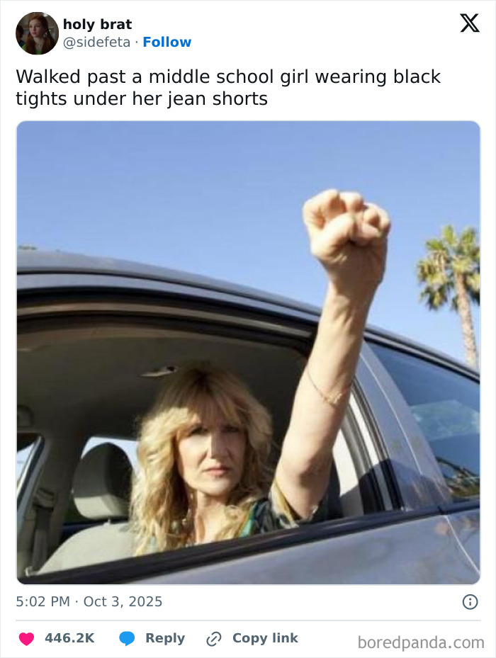 Tweet screenshot showing a woman raising her fist out of a car window, featured in Netflix gotta add a comment section humor post.