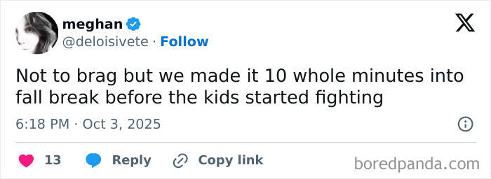 Screenshot of a humorous tweet from a parent barely making it through October, sharing funny parenting moments on X.