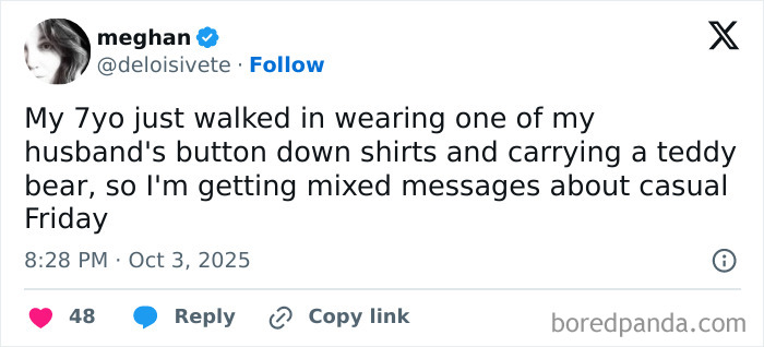 Tweet from a parent humorously sharing their 7-year-old’s casual Friday style on X during a challenging October.