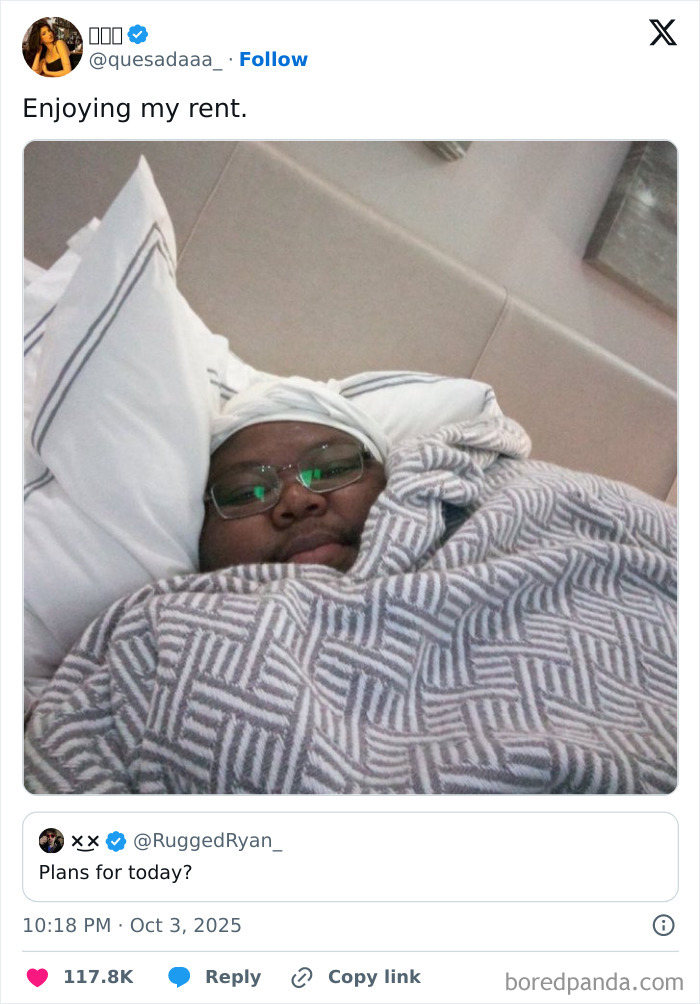 Person wrapped in a patterned blanket relaxing in bed, featured in Netflix gotta add a comment section October tweets post.