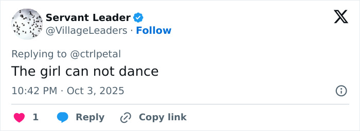 Tweet from Servant Leader about Taylor Swift&rsquo;s new album, expressing fan disappointment and mentioning dancing ability.