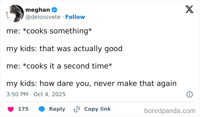 Screenshot of a humorous tweet by a parent about cooking and kids’ reactions, reflecting funny parenting moments on X.