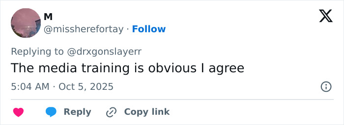 Tweet text reading the media training is obvious I agree, shown in a social media comment about Taylor Swift cringe Graham Norton appearance.