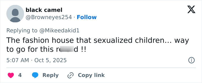 Screenshot of a tweet criticizing a fashion house, related to Meghan Markle and Paris Fashion Week controversy.