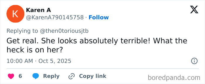 Twitter comment criticizing a celebrity look as terrible and confusing during Paris Fashion Week 2025 celebrity looks.