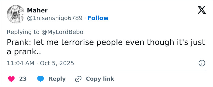 Screenshot of a social media post discussing influencer's fake syringe attack pranks and public reaction to his sentence.