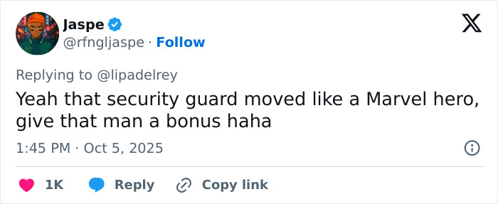 Tweet from user Jaspe praising a security guard's quick action amid massive outrage after man allegedly touched Dua Lipa inappropriately. Tweet from user Jaspe praising a security guard's quick action amid massive outrage after man allegedly touched Dua Lipa inappropriately.