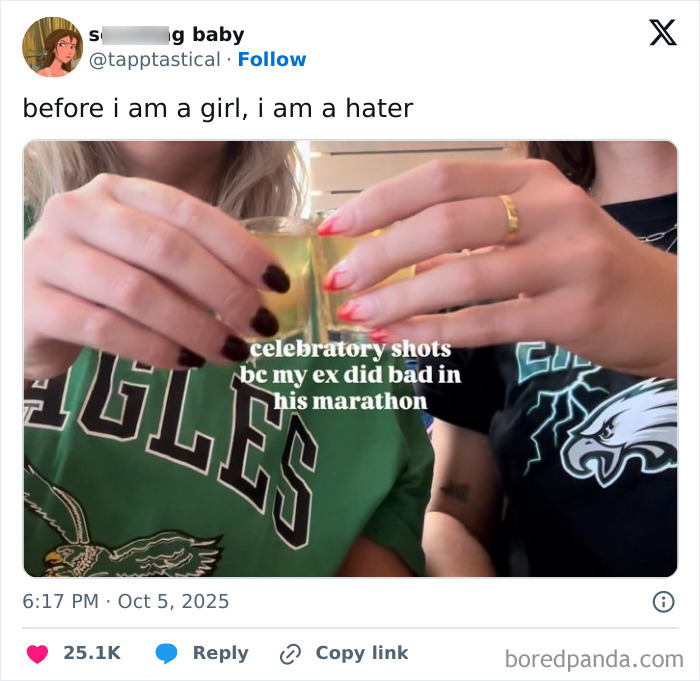 Two people clinking celebratory shots with a humorous tweet about an ex's marathon, featured in funny October tweets.