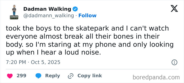 A humorous X post from a parent sharing the chaos of watching kids at a skatepark while staying distracted on their phone.