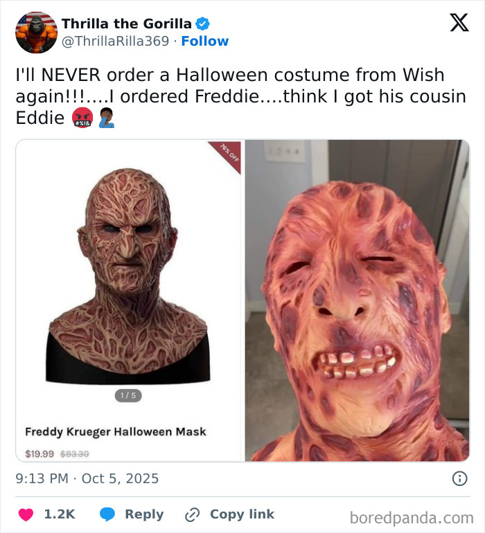 Side-by-side comparison of a Freddy Krueger Halloween mask ordered online versus a disappointing Halloween fail version worn by a person.