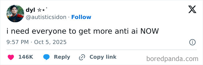 Twitter user @autisticsidon tweets a humorous anti AI message with many likes, illustrating viral Netflix gotta add a comment section content.