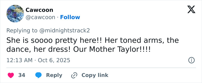 Screenshot of a tweet praising Taylor Swift&rsquo;s appearance and dance, related to a secret jab at her ex in the music video.