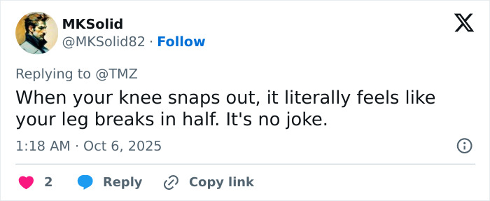 Tweet showing user MKSolid describing a painful knee injury, highlighting a concerning accident with bruises.
