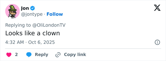 Screenshot of a tweet reacting to Jaden Smith's red-faced diaper look in Paris with a comment saying Looks like a clown. Screenshot of a tweet reacting to Jaden Smith's red-faced diaper look in Paris with a comment saying Looks like a clown.