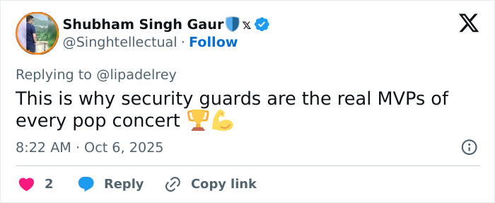 Tweet highlighting the importance of security guards at pop concerts amid controversy over inappropriate touching of Dua Lipa. Tweet highlighting the importance of security guards at pop concerts amid controversy over inappropriate touching of Dua Lipa.