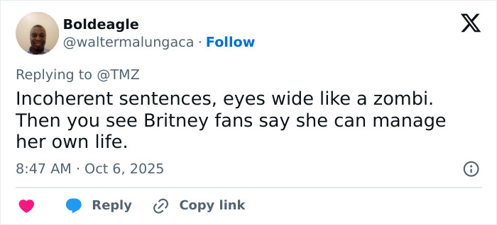 Screenshot of a tweet discussing Britney Spears making a concerning claim about a horrible accident while covered in bruises.