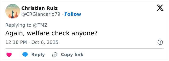 Tweet from Christian Ruiz questioning welfare check after Britney Spears' concerning claim about accident and visible bruises.