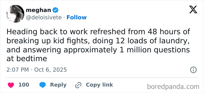 Tweet from a parent humorously describing the chaos of parenting with nonstop kid fights, laundry, and bedtime questions.