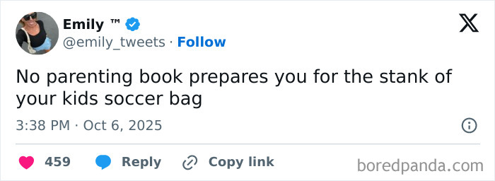 Tweet from parent on X humorously describing the struggles of parenting during October involving kids' soccer bags.