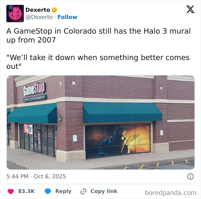 GameStop in Colorado with a 2007 Halo 3 mural shown in a tweet featured in Netflix October hilarious tweets.