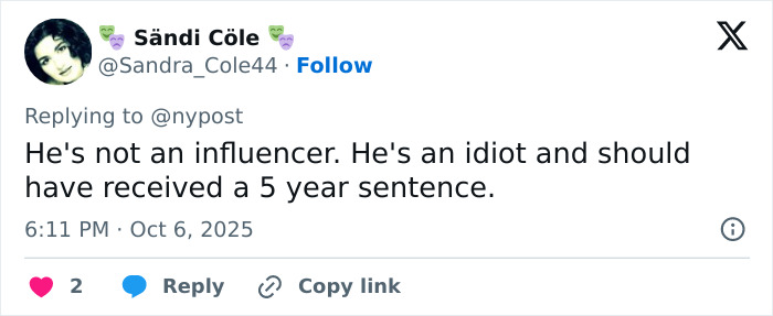 Screenshot of a social media reply criticizing an influencer&rsquo;s fake syringe attack prank and calling for a harsh sentence.