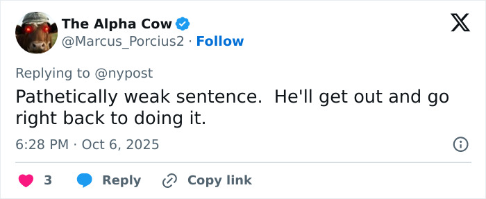 Screenshot of a tweet reacting to the influencer&rsquo;s fake syringe attack prank arrest and controversial sentence.