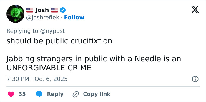 Screenshot of a tweet condemning influencer's fake syringe attack prank and calling it an unforgivable crime.