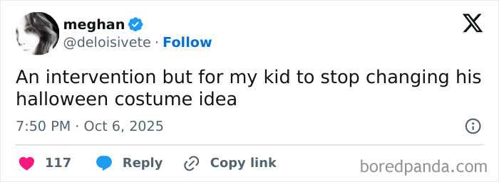 Tweet from a parent humorously sharing the struggle of their kid constantly changing Halloween costume ideas in October.