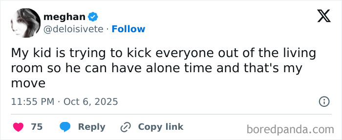 Screenshot of a parent’s funny tweet about their kid wanting alone time, highlighting parents barely making it through October.