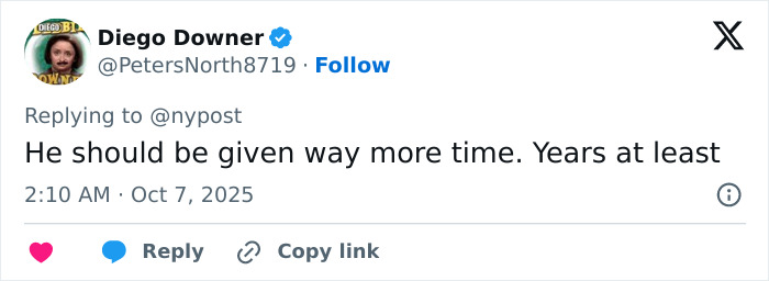 Tweet by user Diego Downer expressing opinion on influencer's fake syringe attack prank sentence length sparking outrage.