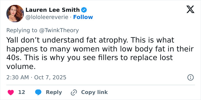 Screenshot of a tweet explaining fat atrophy and facial volume loss in women with low body fat in their 40s related to Mandy Moore&rsquo;s new look.