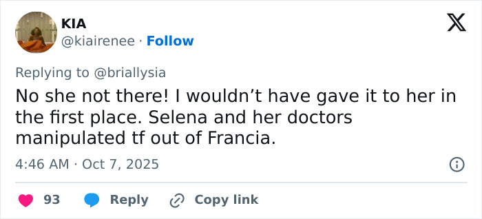 Tweet criticizing Selena Gomez for not inviting her kidney donor to her wedding, sparking controversy online.