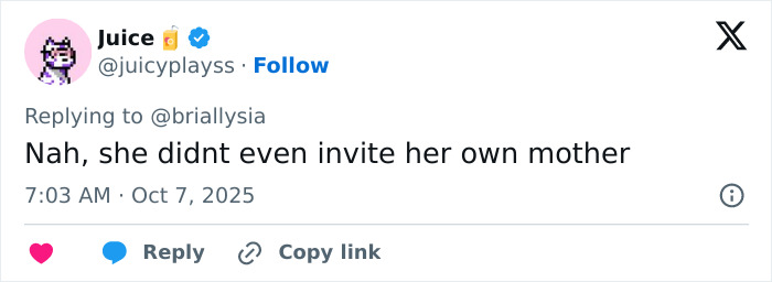Tweet from user Juice commenting on Selena Gomez under fire for not inviting the woman who gave her a kidney to her wedding.