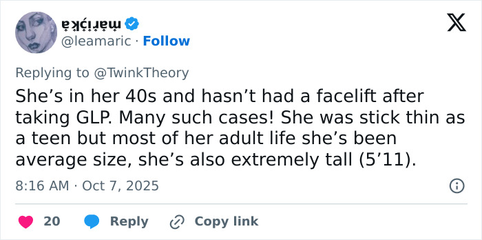 Tweet from user @leamaric discussing Mandy Moore&rsquo;s appearance, mentioning her age, size, and height 5&rsquo;11&rdquo; in response to fan comments.