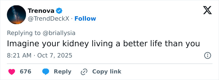 Tweet by Trenova criticizing Selena Gomez over kidney donor controversy, displayed with engagement icons on a social media platform.