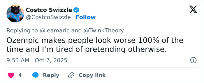 Tweet from verified user criticizing Ozempic, expressing frustration about its effects on appearance.