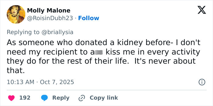 Tweet about kidney donation perspective, discussing recipient gratitude and boundaries in donor-recipient relationships.