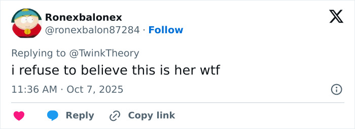 Tweet from user Ronexbalonex expressing disbelief about Mandy Moore's unrecognizable new look, posted October 7, 2025.