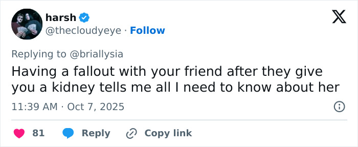 Tweet discussing fallout after a kidney donation, relating to Selena Gomez under fire for wedding invite controversy.