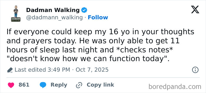 Tweet from a parent humorously describing their 16-year-old barely coping after only 11 hours of sleep on X.