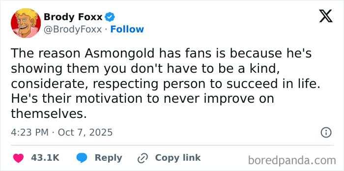 Screenshot of a social media post highlighting a dystopic view of society where toxic behavior is rewarded and admired.