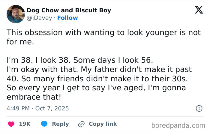 Tweet about aging and embracing reality reflecting dystopic societal concerns with mortality and youth obsession in modern culture.