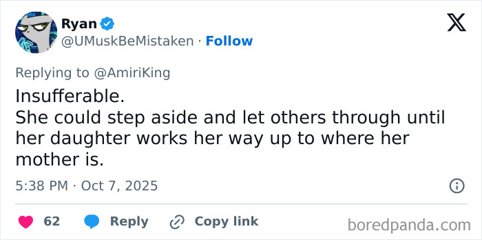 Tweet discussing outrage over insufferable woman refusing to let passengers exit until her daughter goes first. Tweet discussing outrage over insufferable woman refusing to let passengers exit until her daughter goes first.
