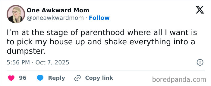 Tweet from a parent humorously describing the chaos of parenthood during October on X social media platform.