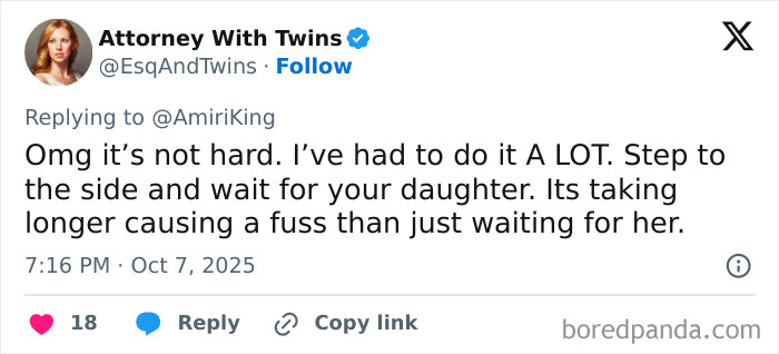 Tweet from Attorney With Twins discussing passenger outrage over woman refusing to let others exit until her daughter goes first. Tweet from Attorney With Twins discussing passenger outrage over woman refusing to let others exit until her daughter goes first.