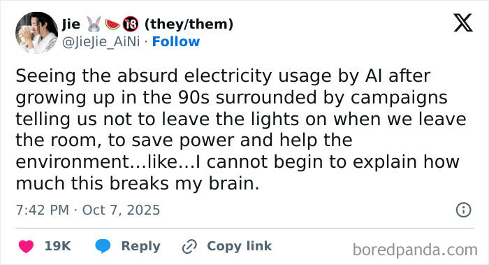 Tweet about absurd electricity usage by AI highlighting dystopic society and environmental contradictions in modern times.