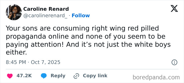 Tweet warning about sons consuming right wing red pilled propaganda online, highlighting dystopic aspects of society today.