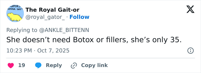 Tweet from a user calling out cosmetic procedures, referencing Taylor Swift fans morphing into MAGA after viral interview. Tweet from a user calling out cosmetic procedures, referencing Taylor Swift fans morphing into MAGA after viral interview.