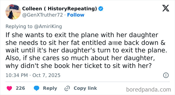 Tweet criticizing a woman refusing to let passengers exit plane until her daughter goes first, causing outrage and frustration. Tweet criticizing a woman refusing to let passengers exit plane until her daughter goes first, causing outrage and frustration.