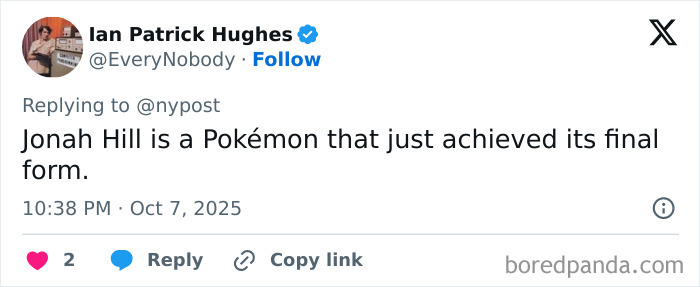 Tweet from Ian Patrick Hughes referencing Jonah Hill&rsquo;s major transformation, posted on social media in October 2025.